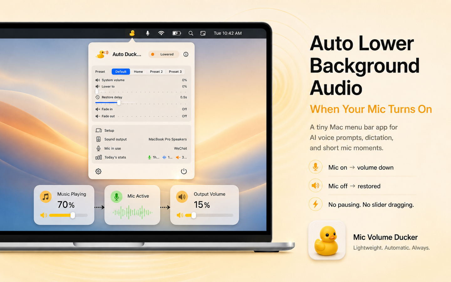 Auto Ducking screenshot showing a Mac menu bar control panel lowering background audio while the microphone is active.