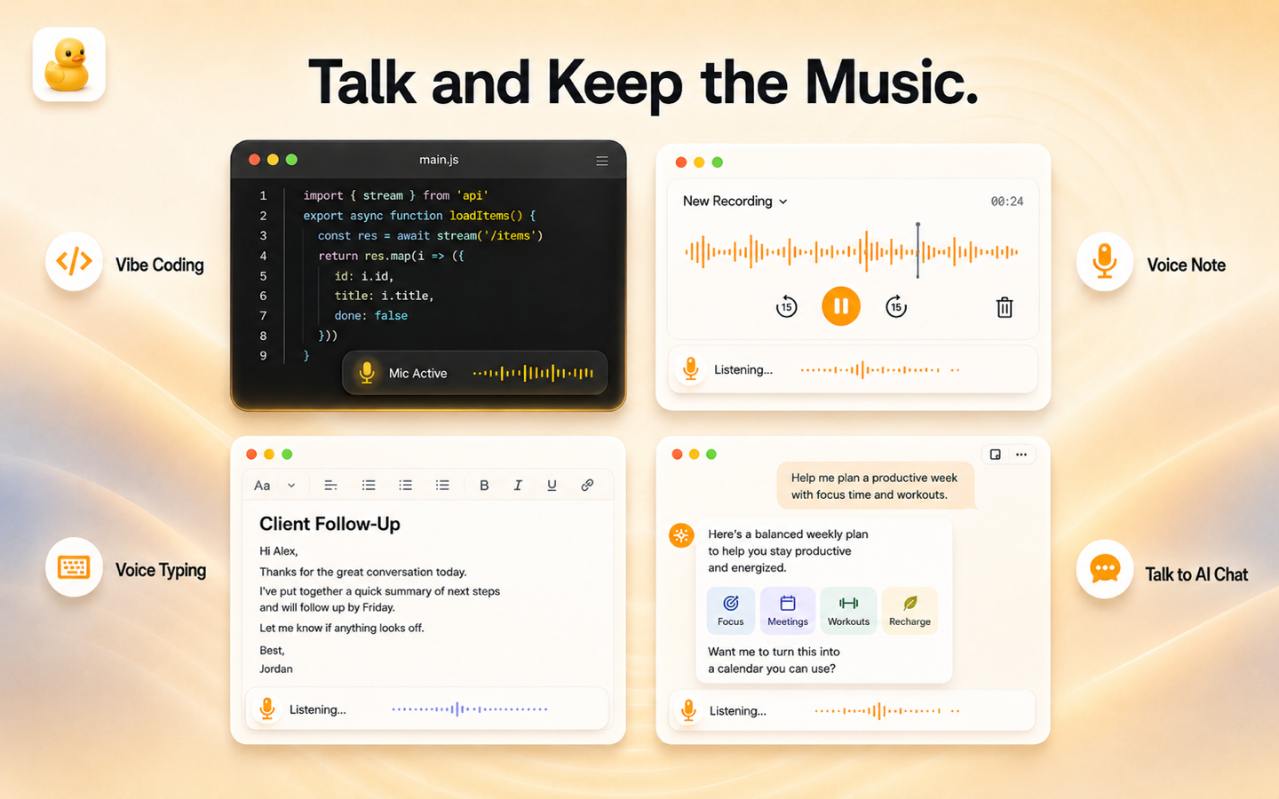Auto Ducking screenshot showing voice workflows including coding, voice notes, voice typing, and AI chat.