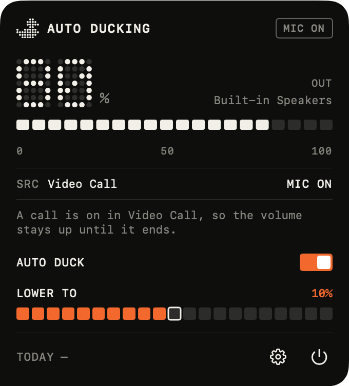 Auto Ducking status panel during a video call, keeping the Mac volume at its normal level.