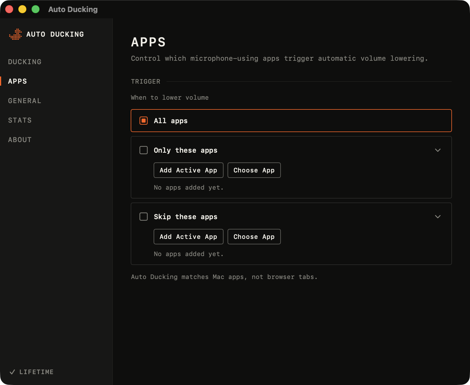 Auto Ducking Apps settings with All apps, Only these apps and Skip these apps.