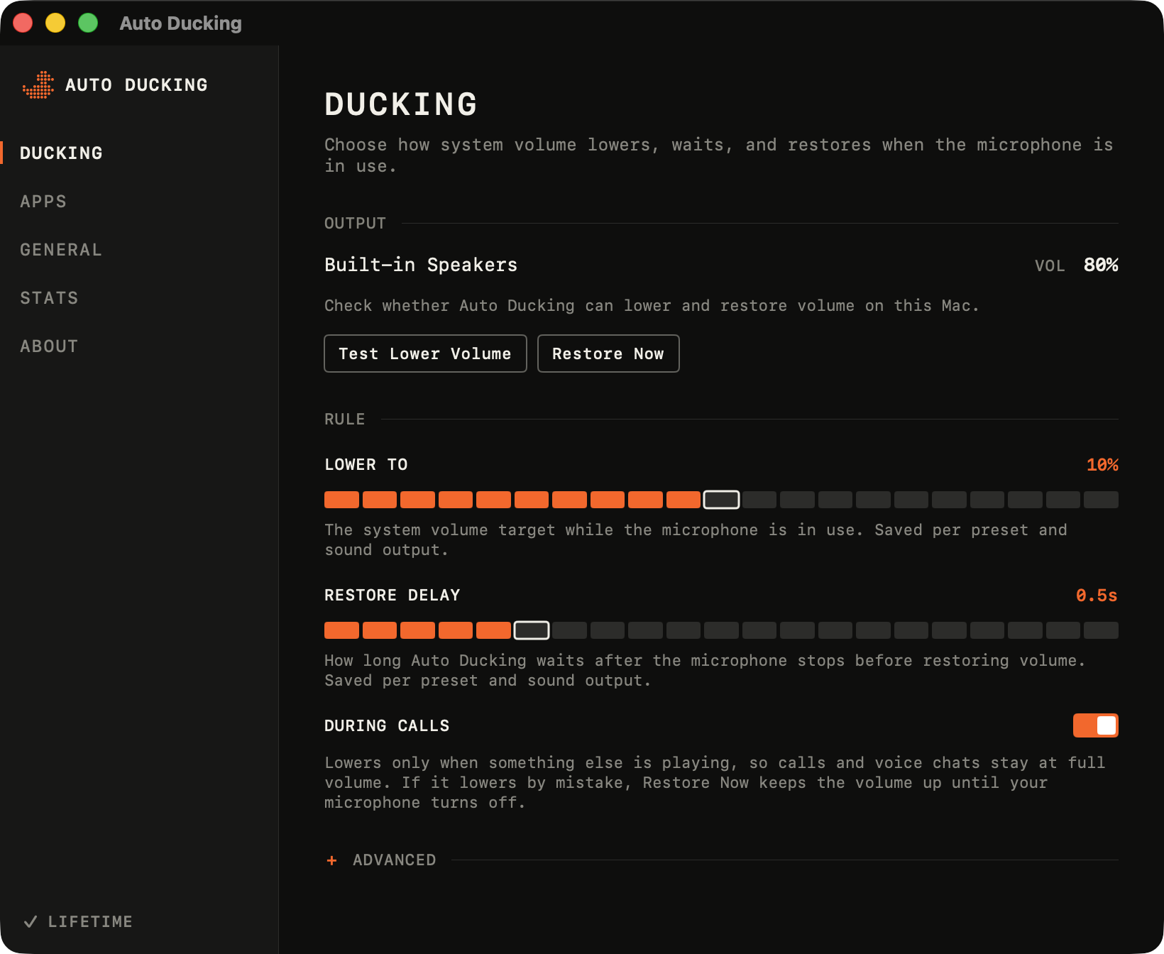 Auto Ducking Ducking settings with the Lower To level, Restore Delay and the During Calls switch.
