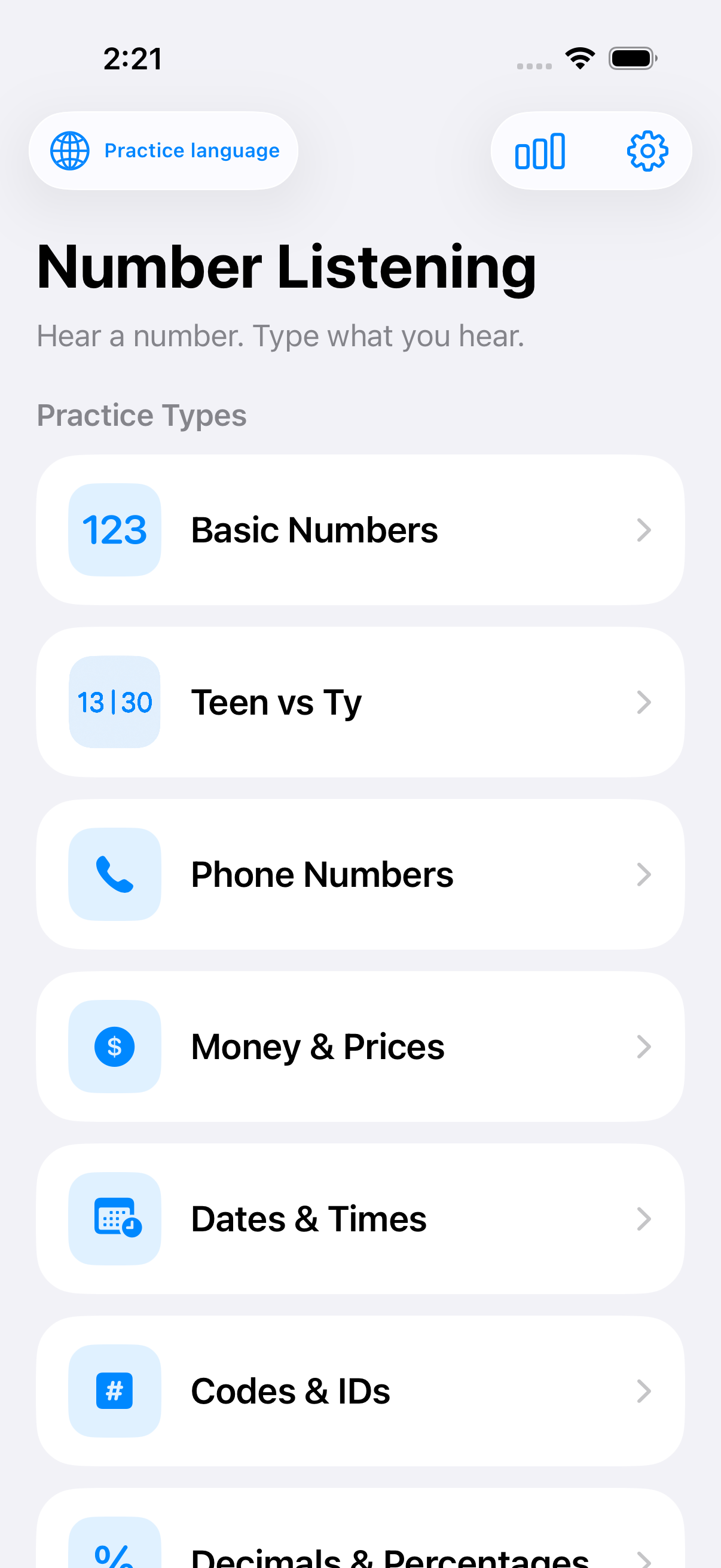 Layar beranda normal NumListen yang menampilkan jenis latihan seperti Angka Dasar, Teen vs Ty, nomor telepon, harga, tanggal dan waktu, kode, serta ID.