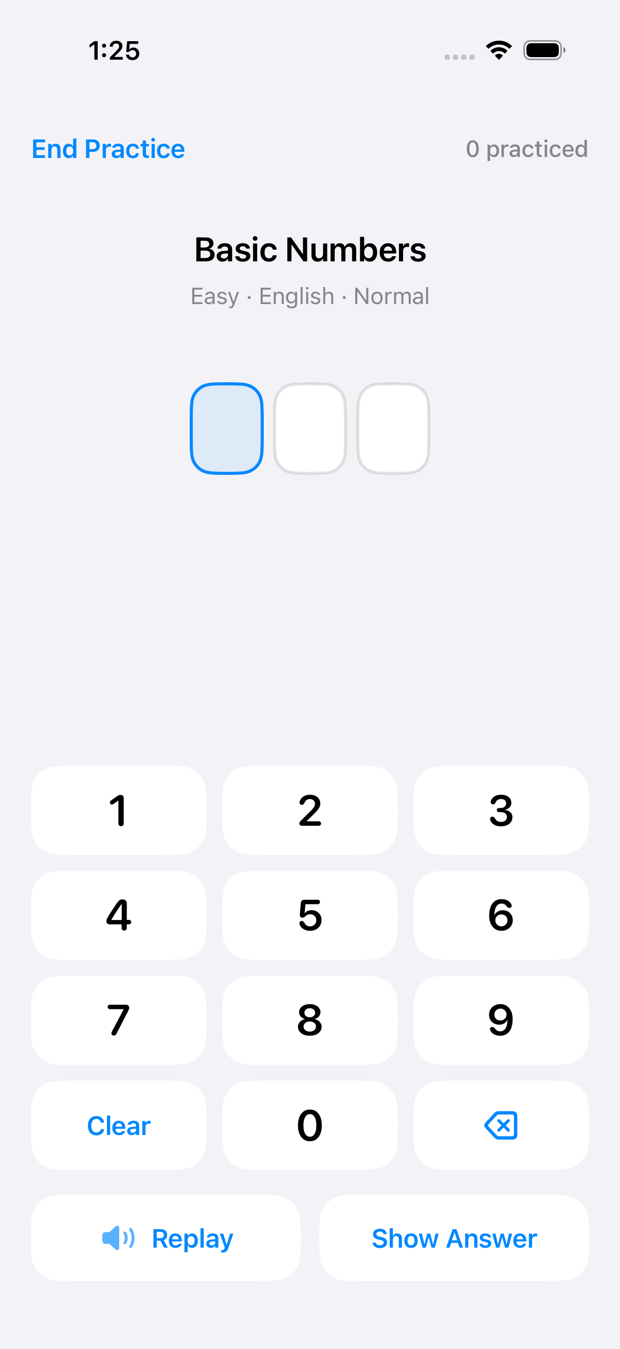 Latihan Angka Dasar NumListen dengan putar ulang, kolom digit, dan papan tombol angka.