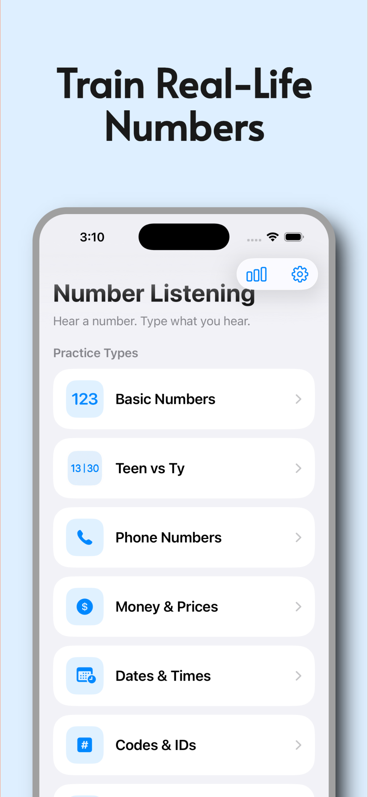 NumListen screenshot showing the practice type selection screen for English number listening drills.