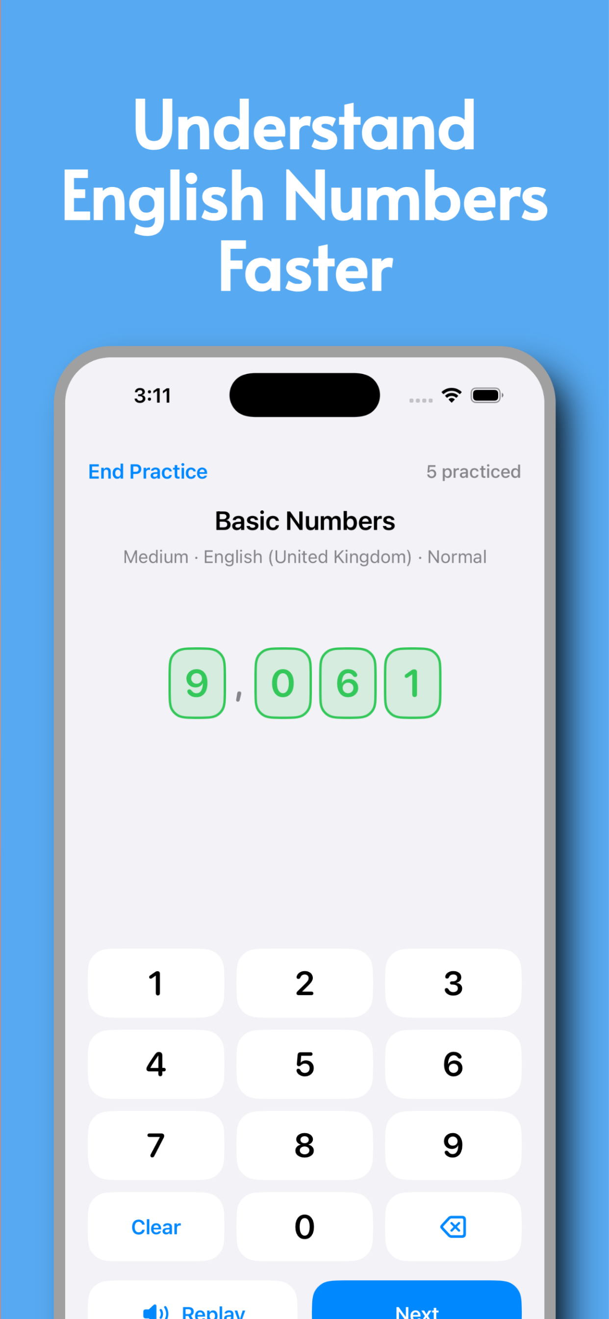 NumListen screenshot showing a digit-entry practice screen for spoken English number listening.