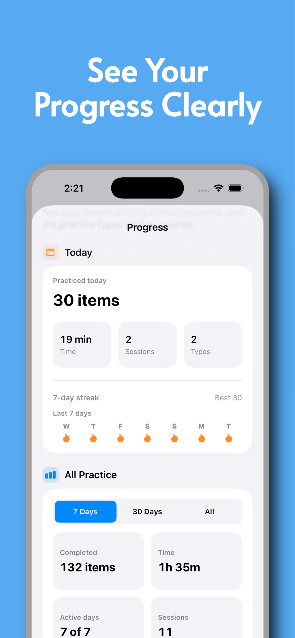 NumListen screenshot showing the app progress and category performance view.