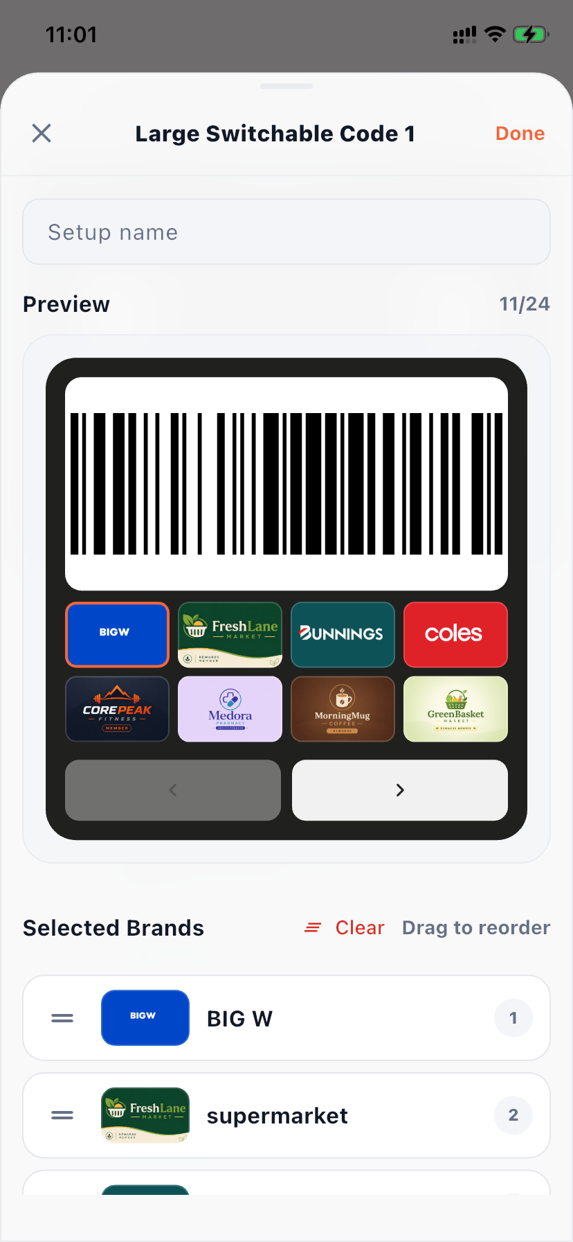 RooCards large switchable barcode widget setup editor showing selected brands and a live widget preview