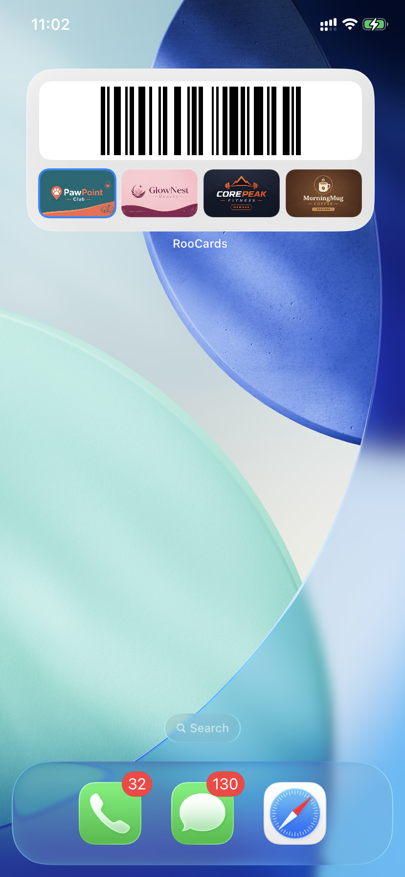 RooCards medium Home Screen switchable barcode widget with four card tiles and a scan-ready barcode