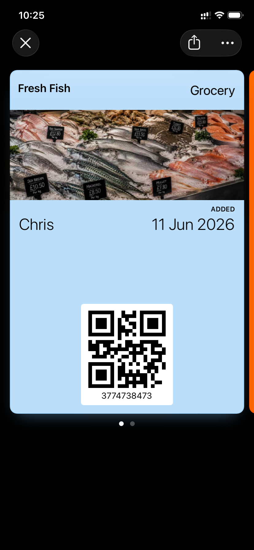 Apple Wallet pass created from RooCards showing a custom label, category, strip image, and QR code