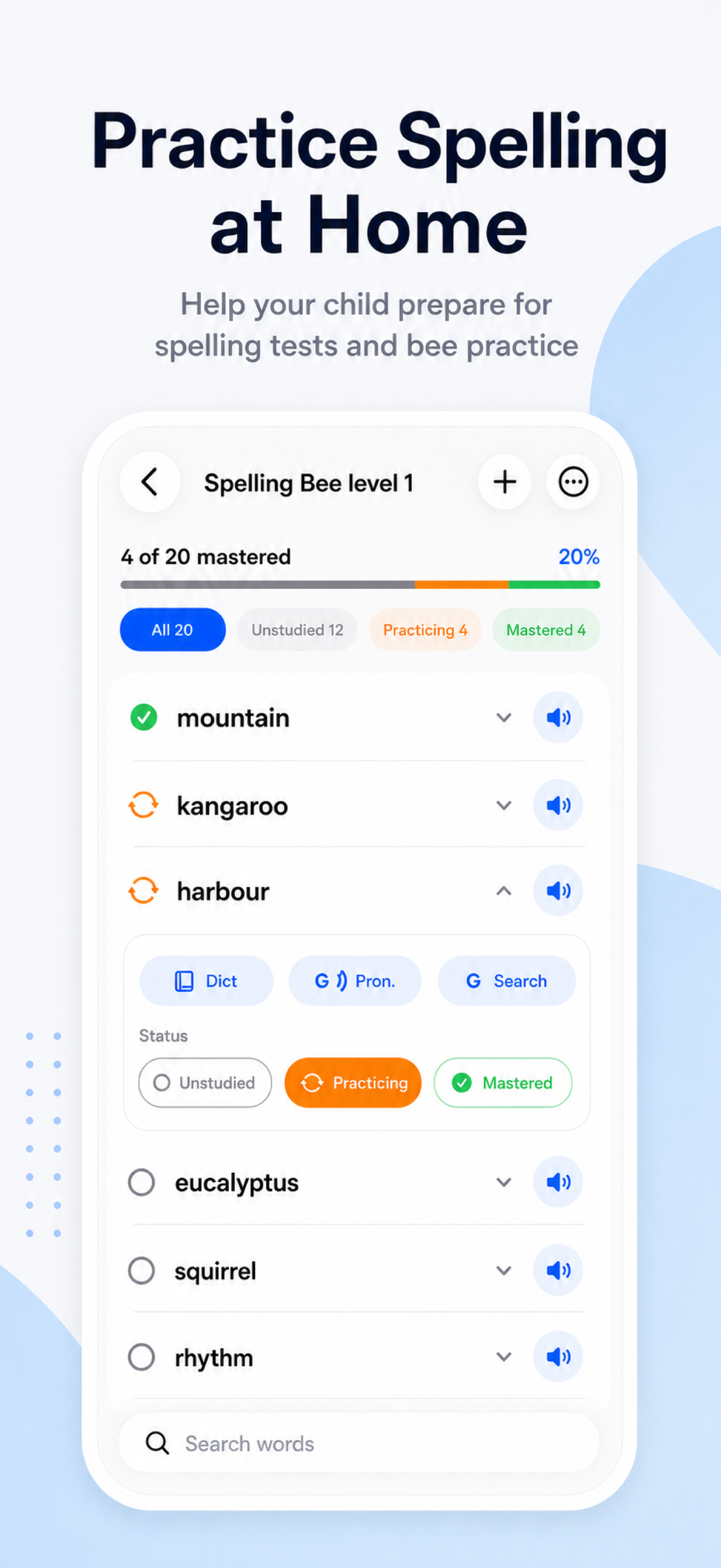 Snap Spell practice list with progress and word read-aloud controls.