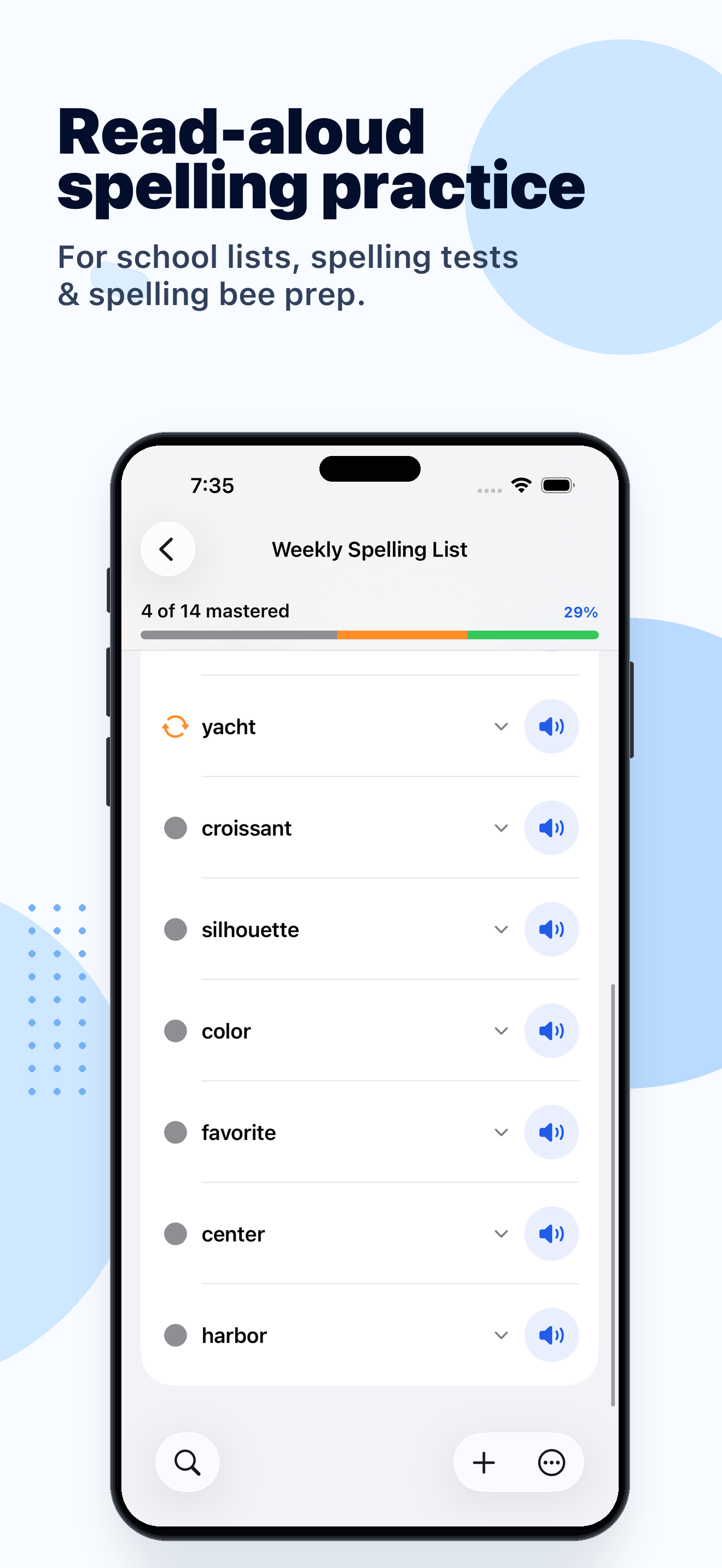 Snap Spell word list screen with speaker buttons for read-aloud spelling practice.