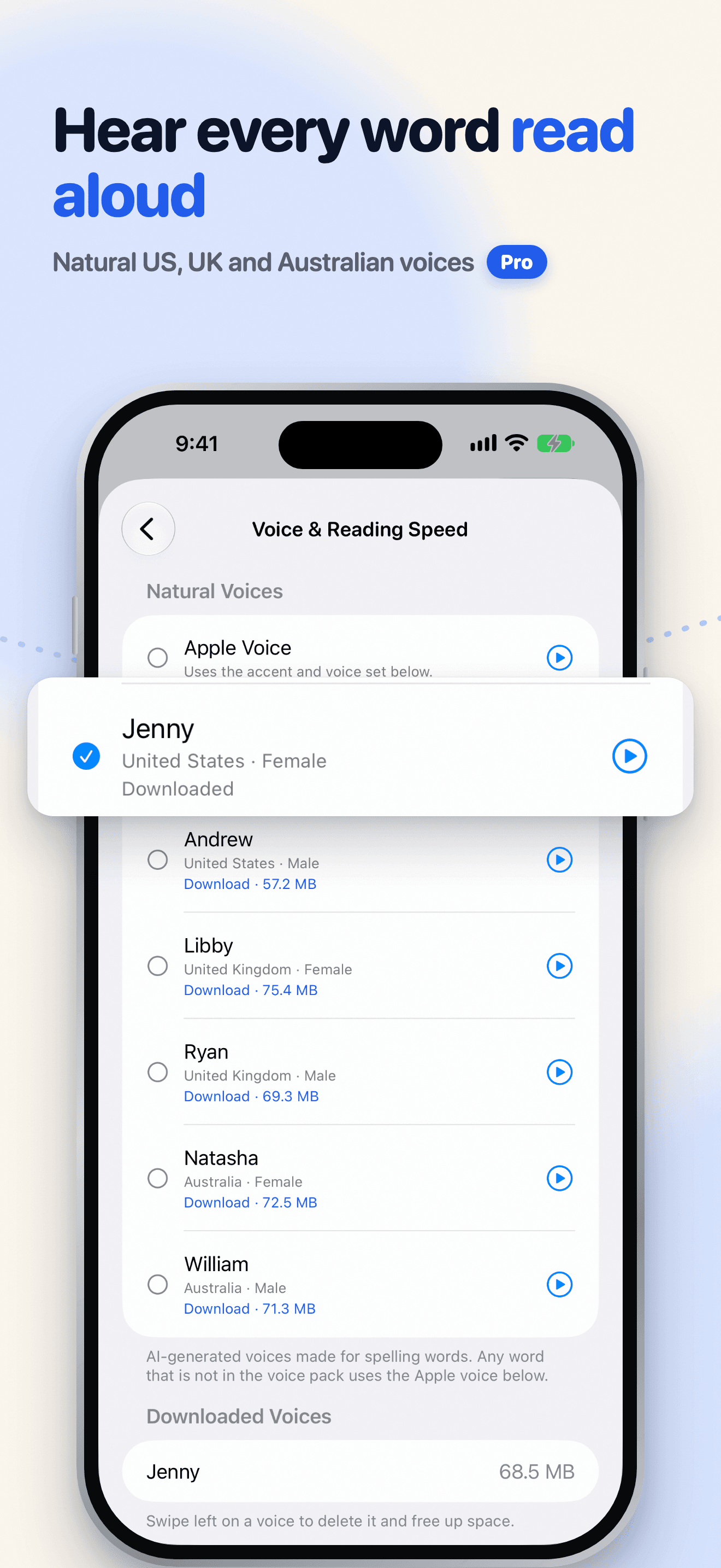 Snap Spell voice settings with Natural voices Jenny, Andrew, Libby, Ryan, Natasha, and William, and the Apple voice option.