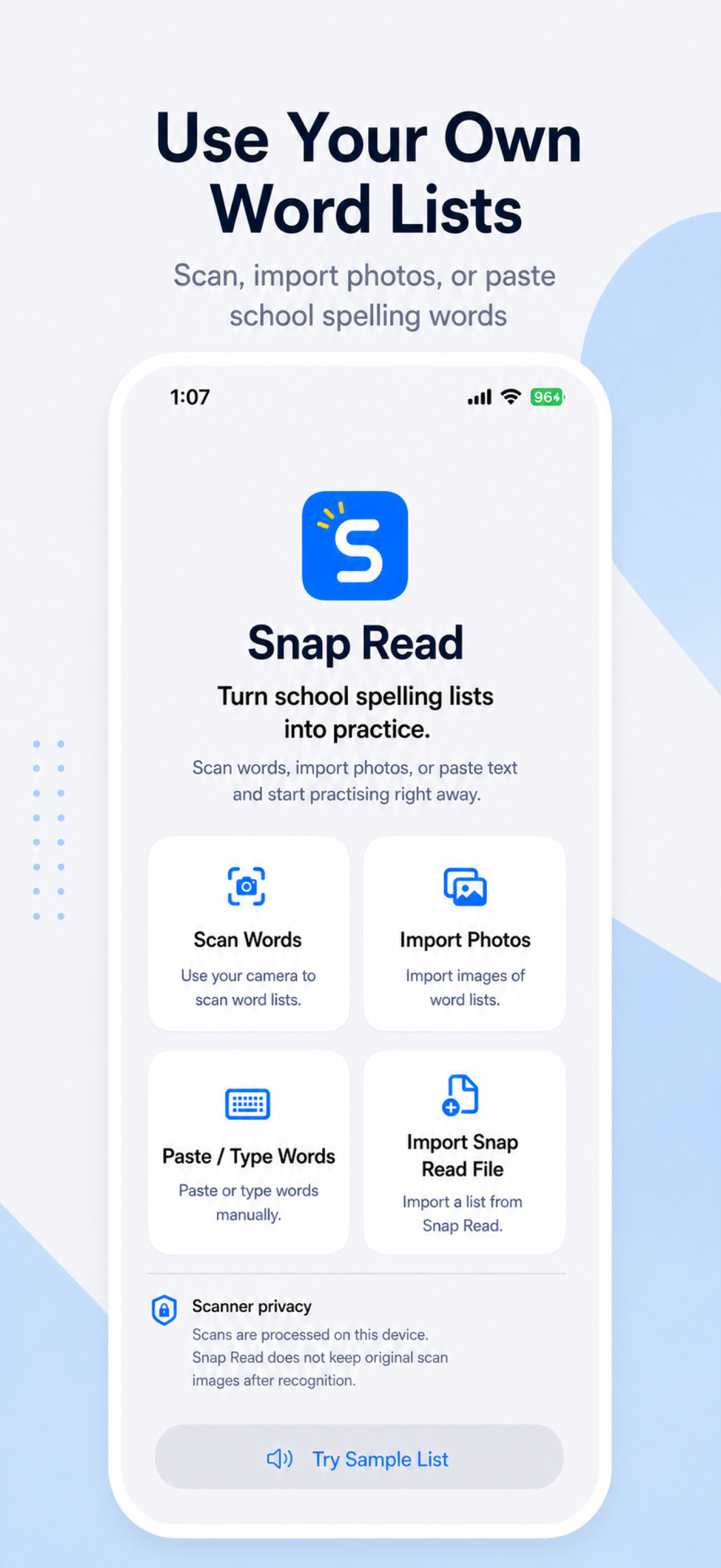 Snap Spell import options for scan, photo import, paste, and file import.