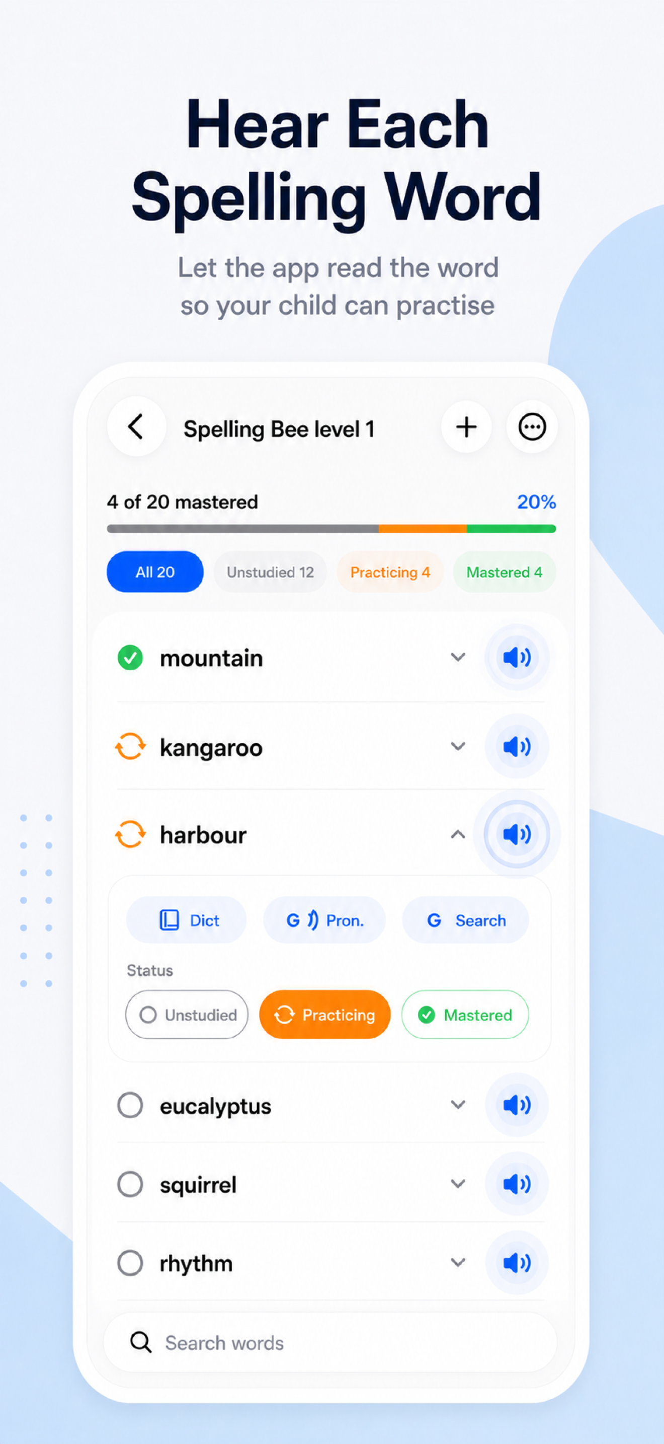 Snap Spell voice settings and read-aloud controls.