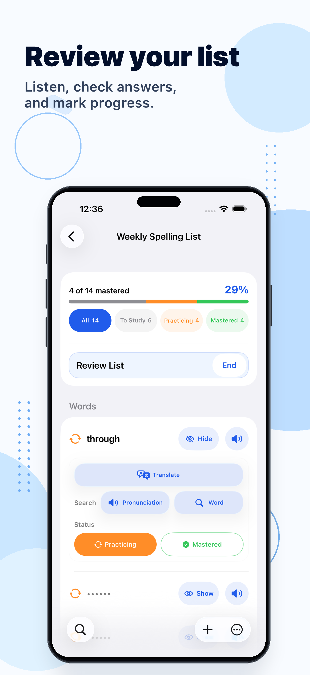 Snap Spell Review List screen for read-aloud spelling review and self-marked word status.