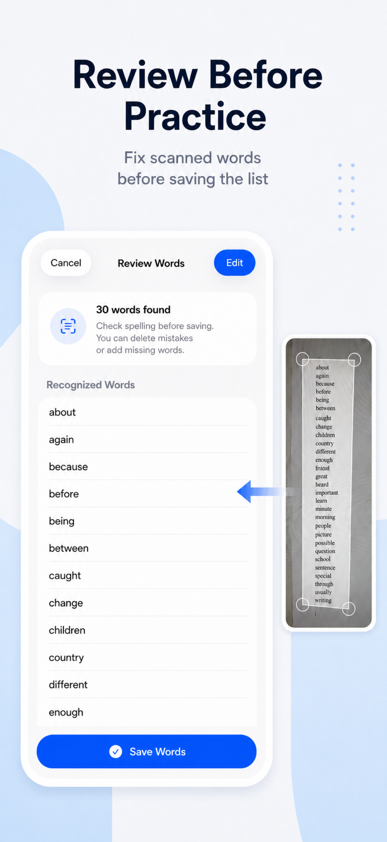 Snap Spell review screen for recognized words before saving.