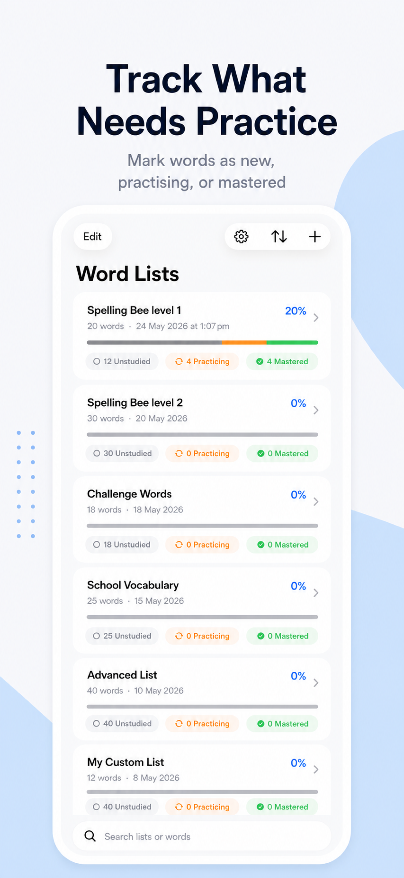 Snap Spell list progress screen with unstudied, practicing, and mastered statuses.