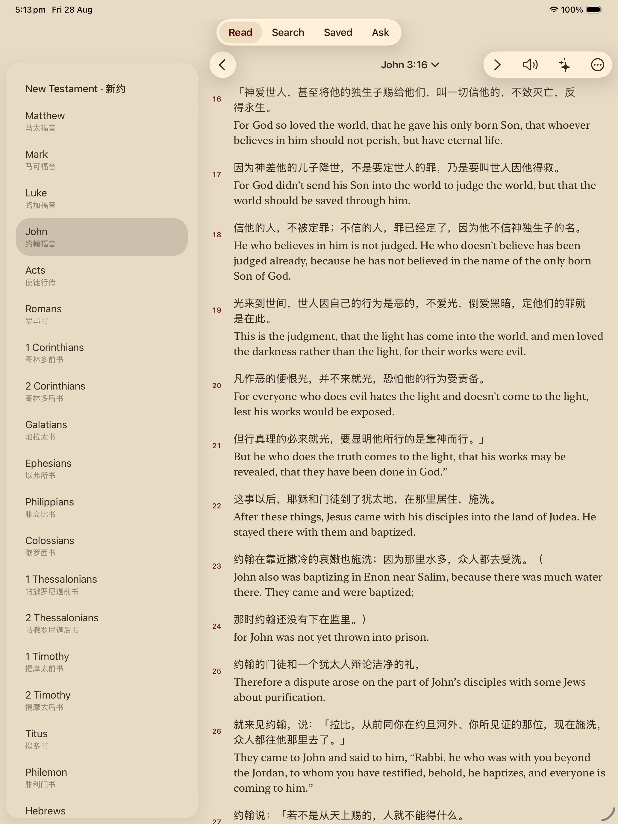 VerseLume reading view on iPad with Chinese and English Bible text side by side.
